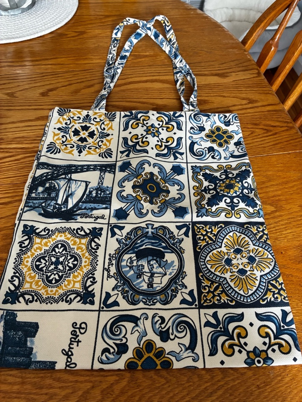 New Portuguese Canvas Tile-Print Tote Bag in Navy & Mustard